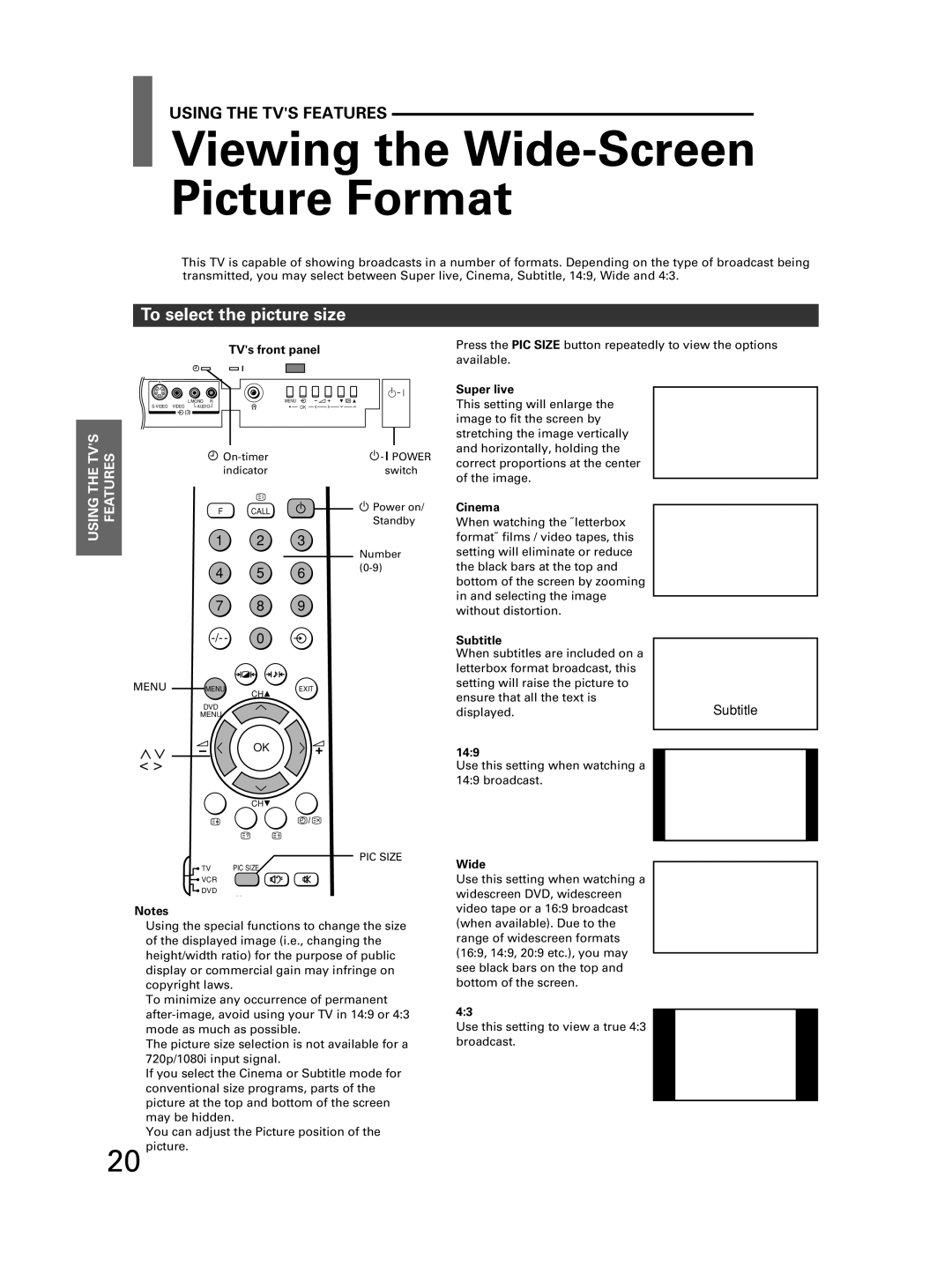 Toshiba 32JW8UA owner manual Viewing the Wide-Screen Picture Format, To select the picture size 