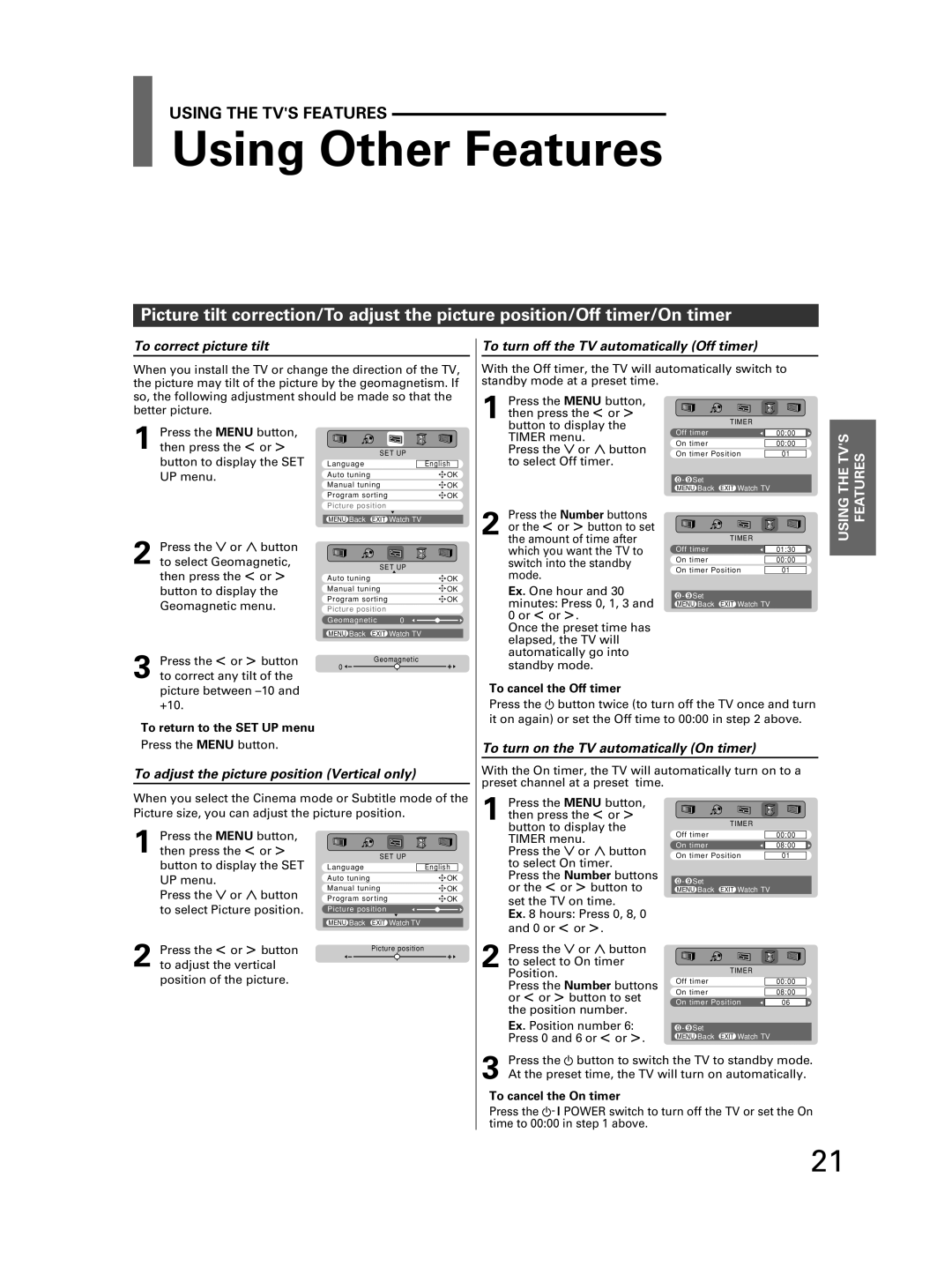 Toshiba 32JW8UA owner manual Using Other Features, To correct picture tilt, To turn off the TV automatically Off timer 