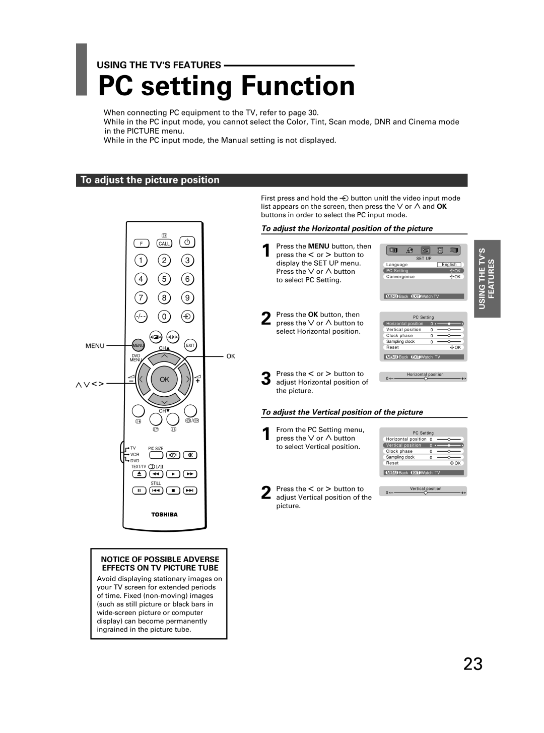 Toshiba 32JW8UA PC setting Function, To adjust the picture position, To adjust the Horizontal position of the picture 