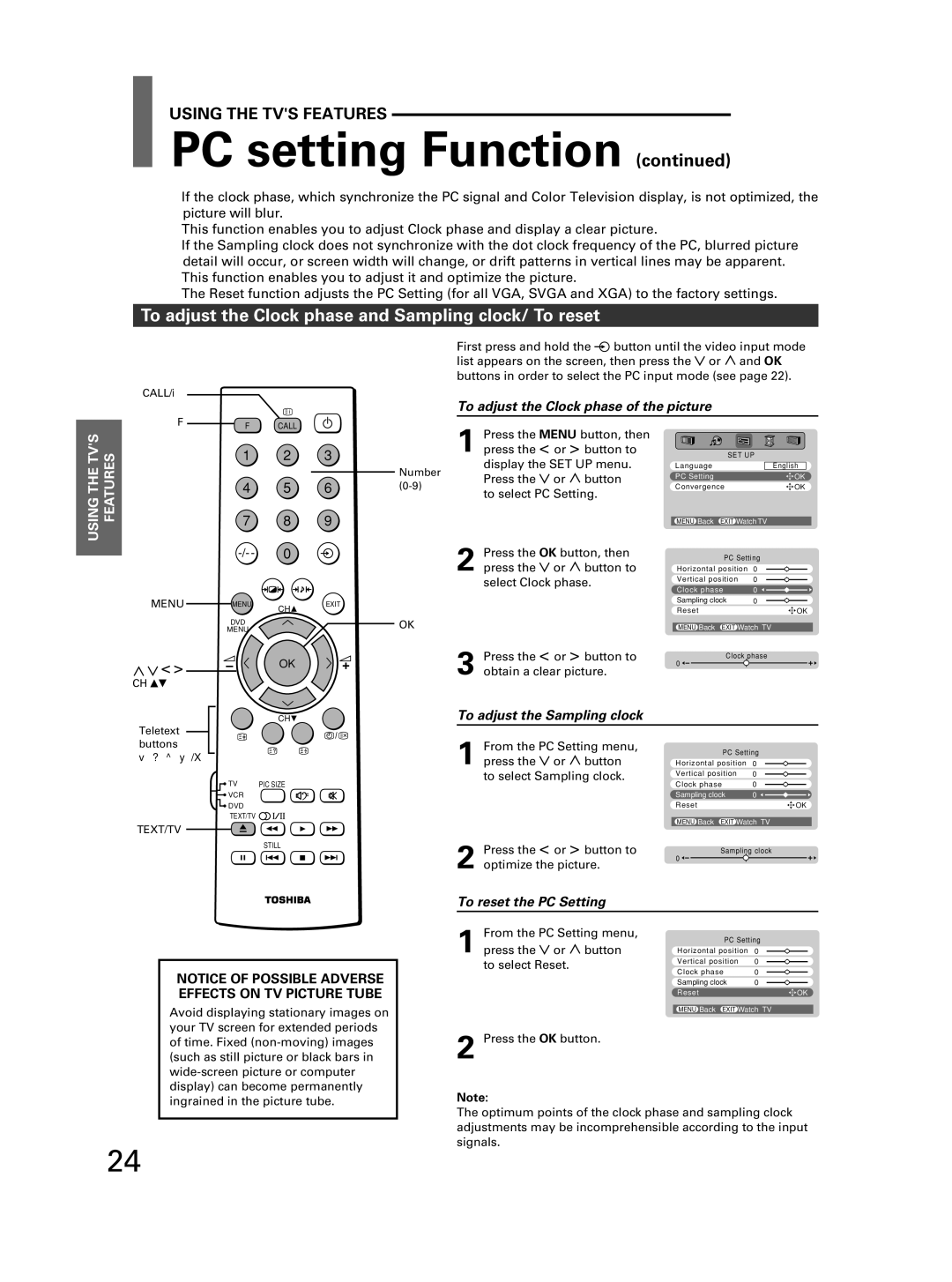 Toshiba 32JW8UA owner manual To adjust the Clock phase and Sampling clock/ To reset, Using the TVS Features Getting 