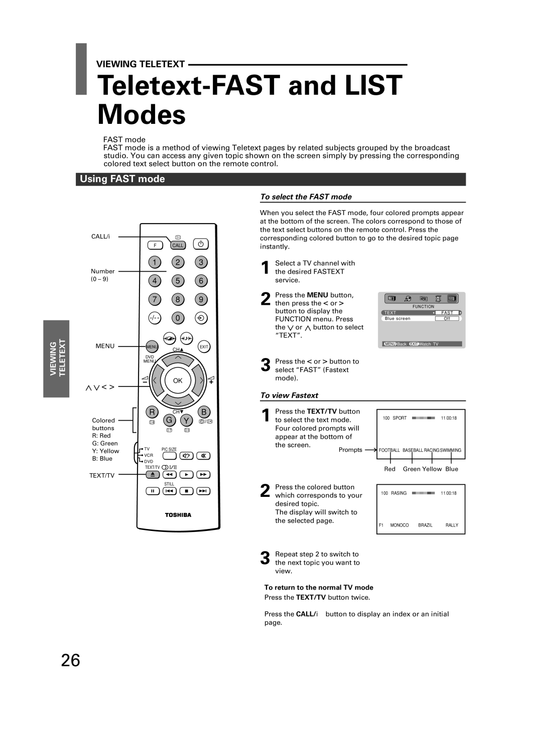 Toshiba 32JW8UA owner manual Teletext-FAST and List Modes, Using Fast mode, To select the Fast mode, To view Fastext 