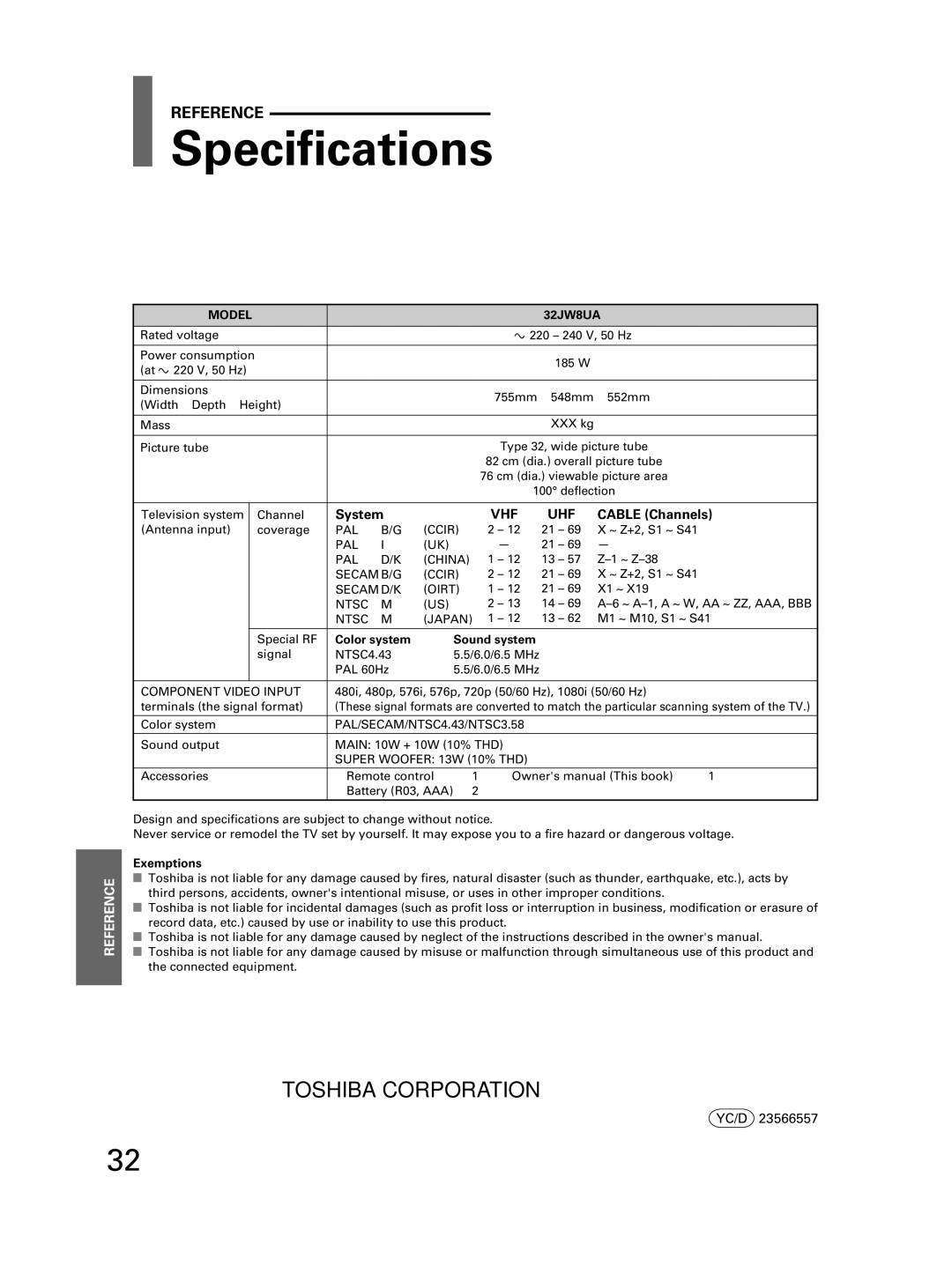 Toshiba 32JW8UA owner manual Specifications, Color system Sound system, Exemptions 