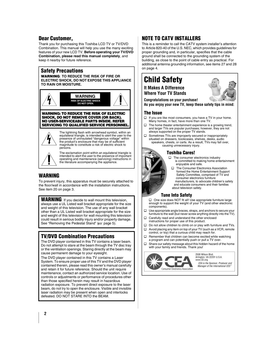 Toshiba 32LV17U, 32LV37U manual Dear Customer, Safety Precautions, TV/DVD Combination Precautions 