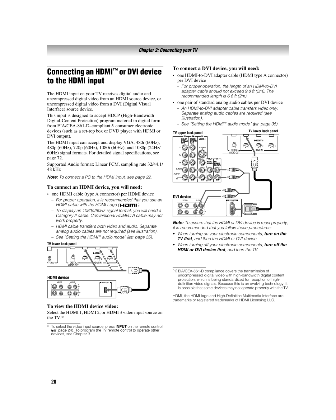 Toshiba 32LV17U, 32LV37 Connecting an Hdmi or DVI device to the Hdmi input, To connect an Hdmi device, you will need 