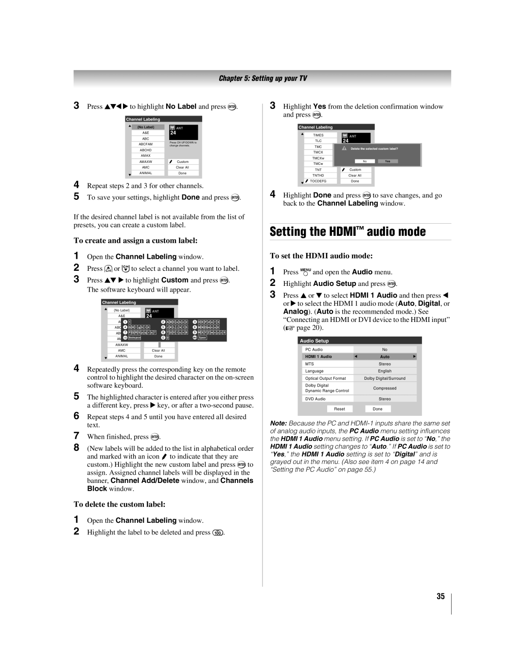 Toshiba 32LV37U, 32LV17 manual Setting the Hdmi audio mode, To create and assign a custom label, To set the Hdmi audio mode 