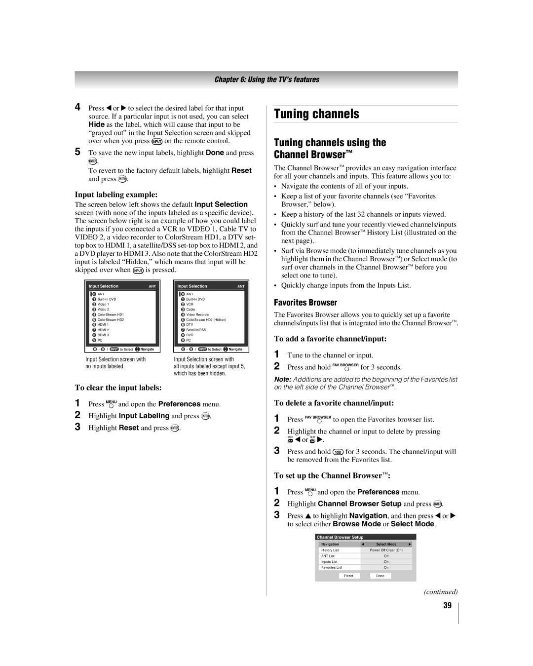 Toshiba 32LV37U, 32LV17U manual Tuning channels using Channel Browser, Favorites Browser 