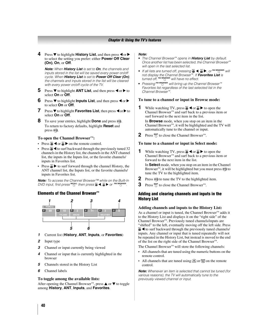 Toshiba 32LV17U, 32LV37 Elements of the Channel Browser, Adding and clearing channels and inputs in the History List 