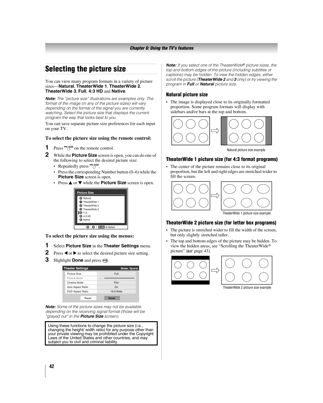 Toshiba 32LV37, 32LV17 Selecting the picture size, Natural picture size, TheaterWide 1 picture size for 43 format programs 