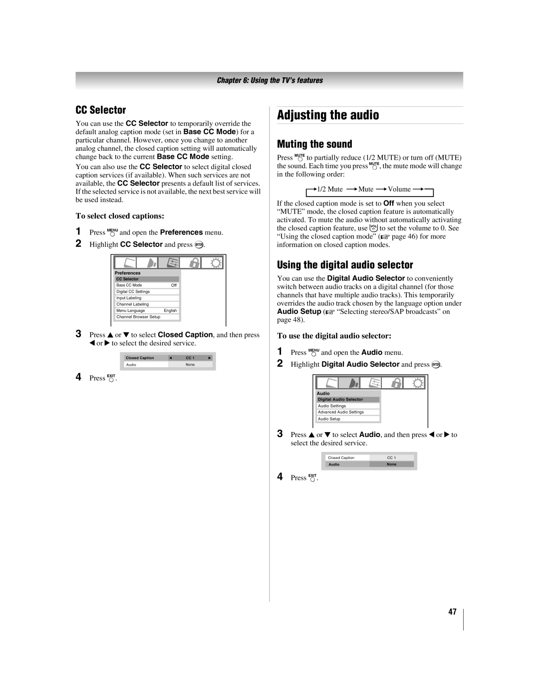 Toshiba 32LV37U, 32LV17U manual Adjusting the audio, CC Selector, Muting the sound, Using the digital audio selector 