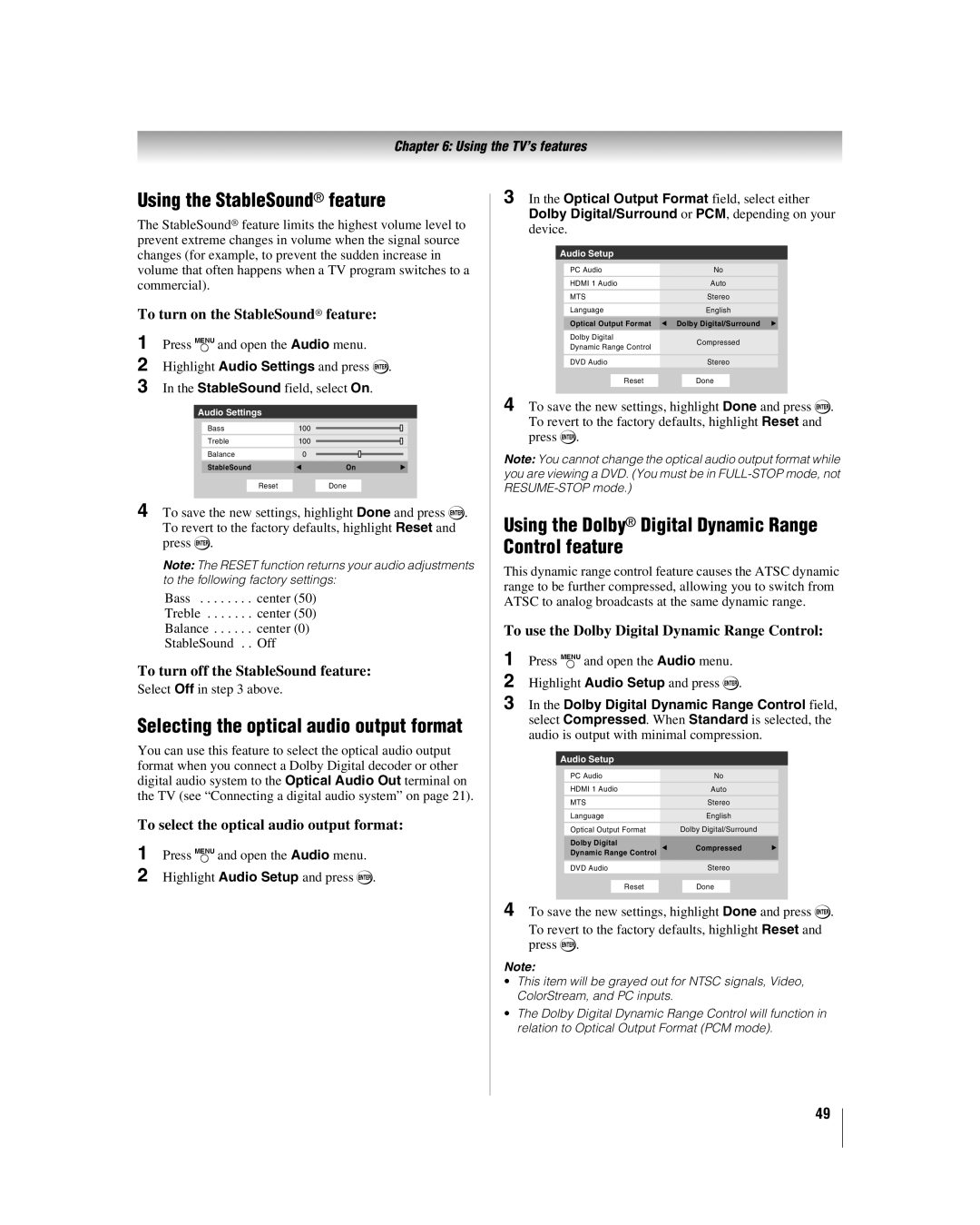 Toshiba 32LV17U, 32LV37U manual Using the StableSound feature, Using the Dolby Digital Dynamic Range Control feature 