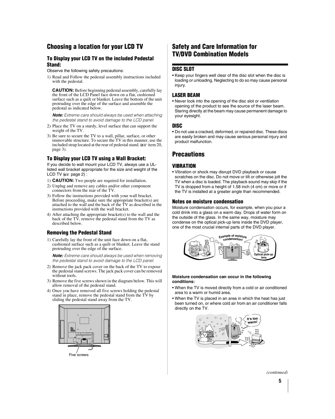 Toshiba 32LV17U, 32LV37 Choosing a location for your LCD TV, Safety and Care Information for TV/DVD Combination Models 