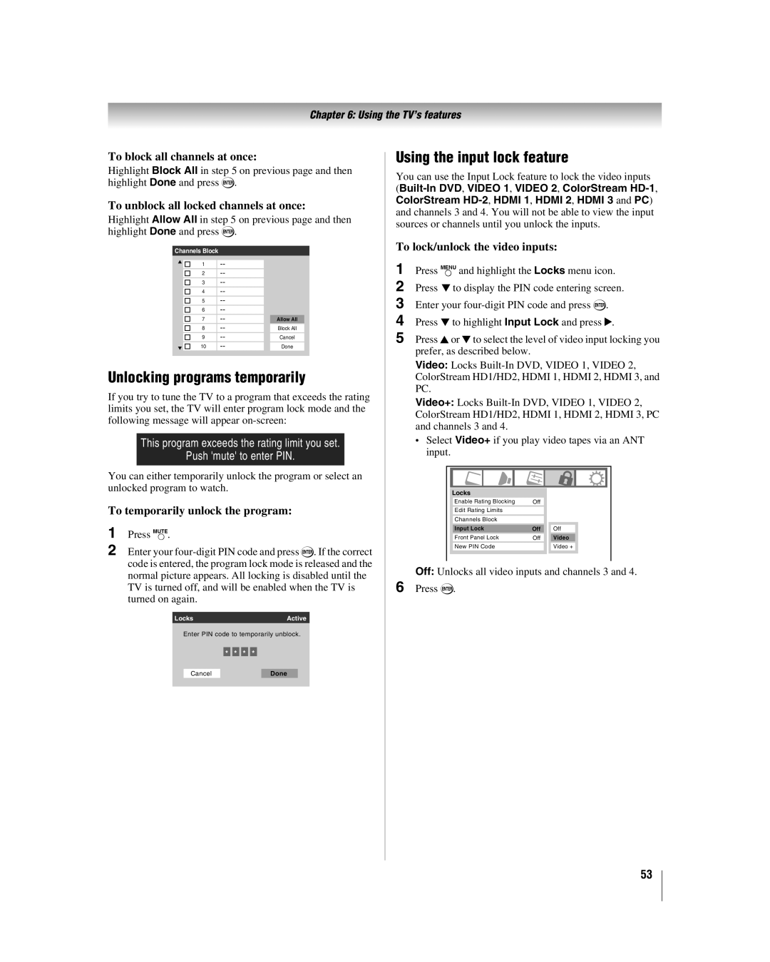 Toshiba 32LV17U, 32LV37U manual Unlocking programs temporarily, Using the input lock feature 