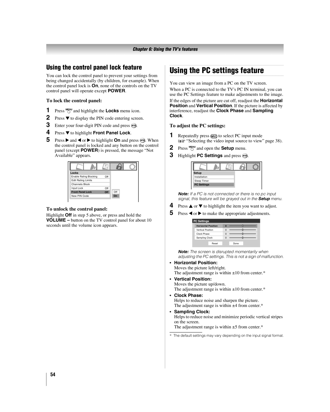 Toshiba 32LV37, 32LV17 manual Using the PC settings feature, Using the control panel lock feature, To lock the control panel 