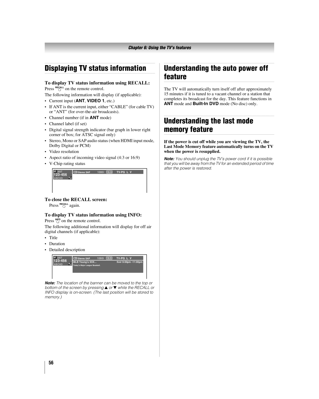 Toshiba 32LV17U, 32LV37U manual Understanding the auto power off feature, Understanding the last mode memory feature 