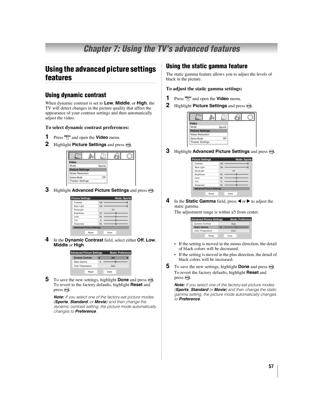 Toshiba 32LV17U Using the TV’s advanced features, Using the advanced picture settings features, Using dynamic contrast 