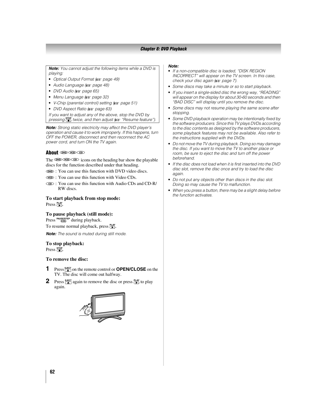 Toshiba 32LV37 About, To start playback from stop mode, To pause playback still mode, To stop playback, To remove the disc 