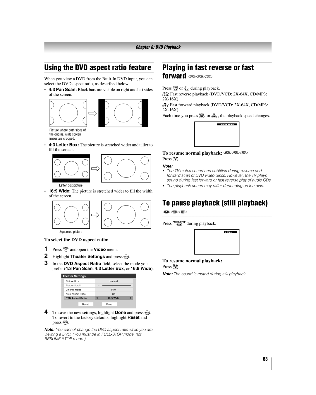 Toshiba 32LV37U, 32LV17U manual Playing in fast reverse or fast forward DVD VCD CD, To pause playback still playback 