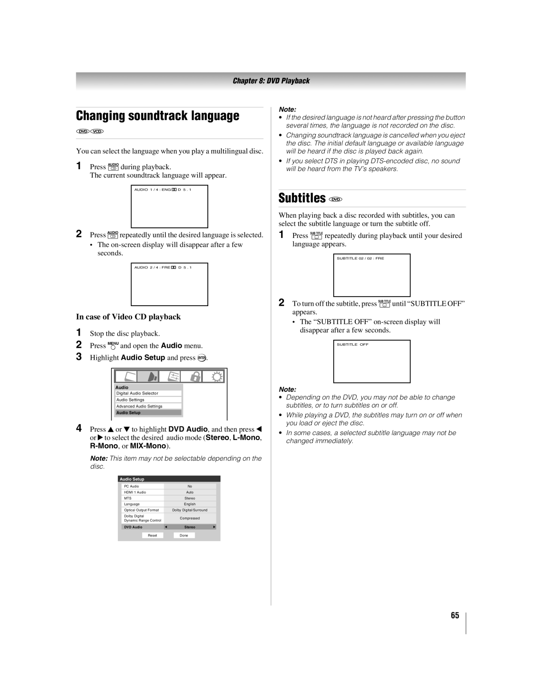 Toshiba 32LV17U, 32LV37U manual Changing soundtrack language, Subtitles DVD, Case of Video CD playback 