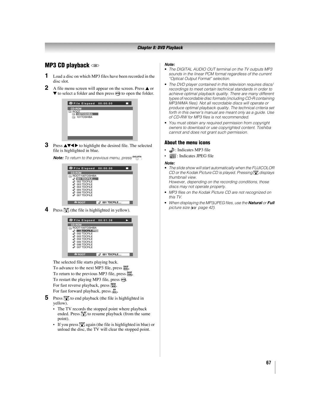 Toshiba 32LV37U About the menu icons, Press Sthe file is highlighted in yellow, Indicates MP3 file Indicates Jpeg file 