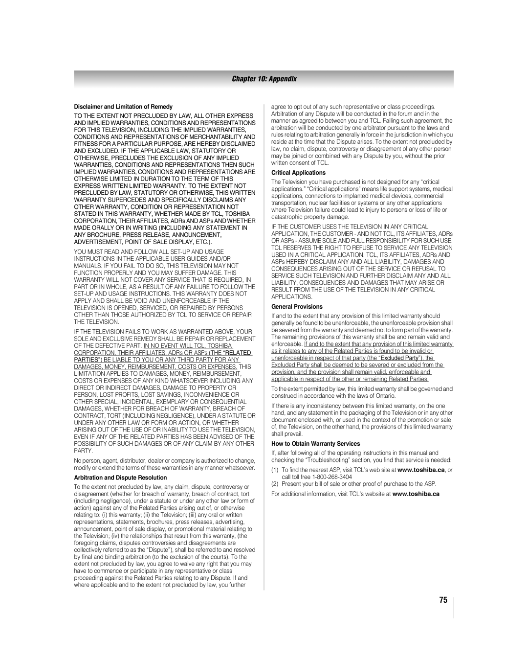 Toshiba 32LV37U, 32LV17U manual Disclaimer and Limitation of Remedy 