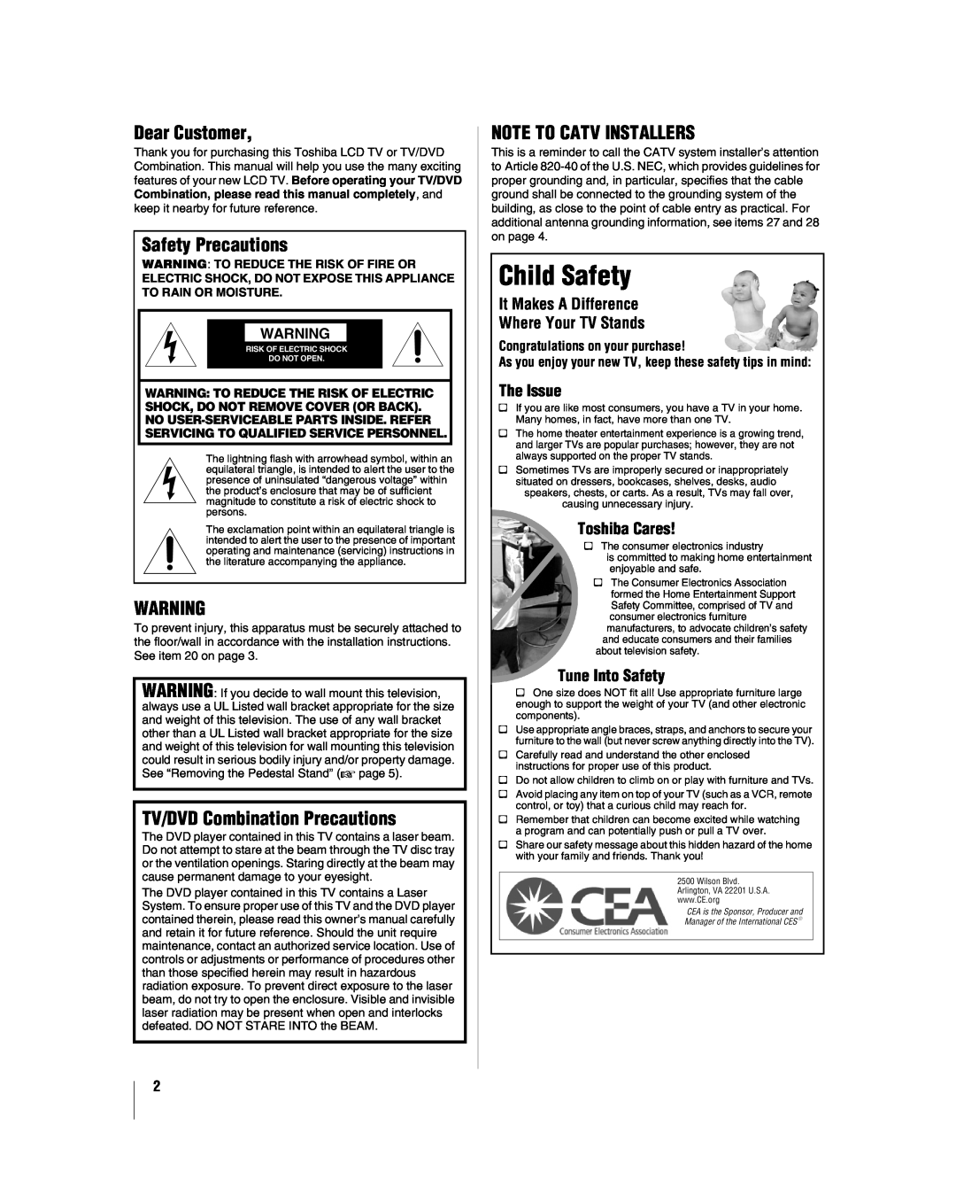 Toshiba 32LV37 manual Dear Customer, Safety Precautions, TV/DVD Combination Precautions, Note To Catv Installers, The Issue 