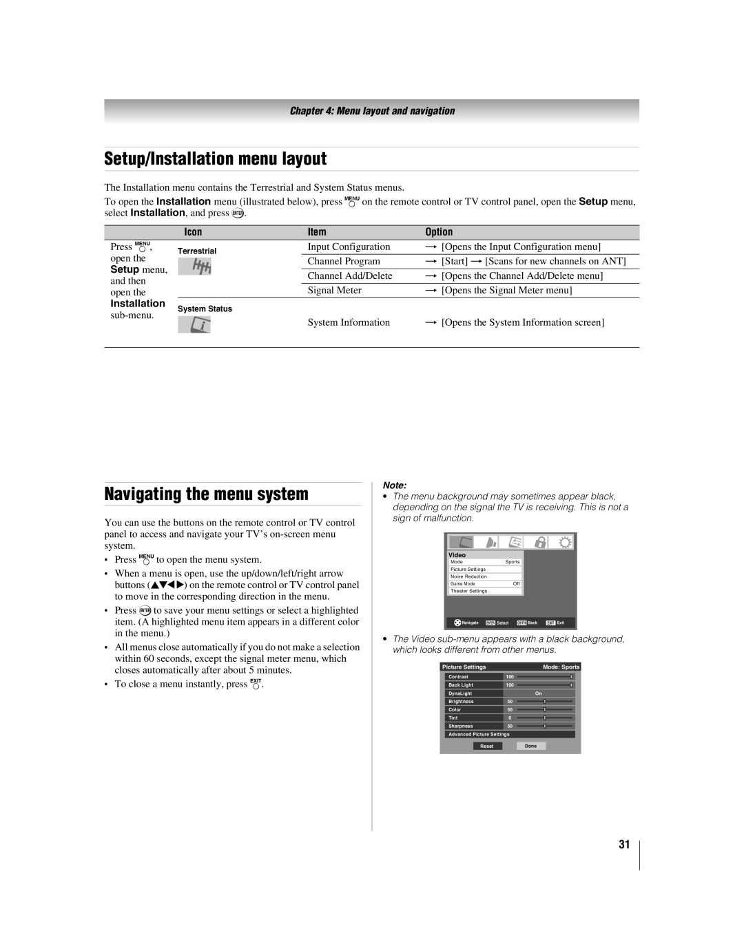 Toshiba 32LV37U Setup/Installation menu layout, Navigating the menu system, Menu layout and navigation, Setup menu, Icon 