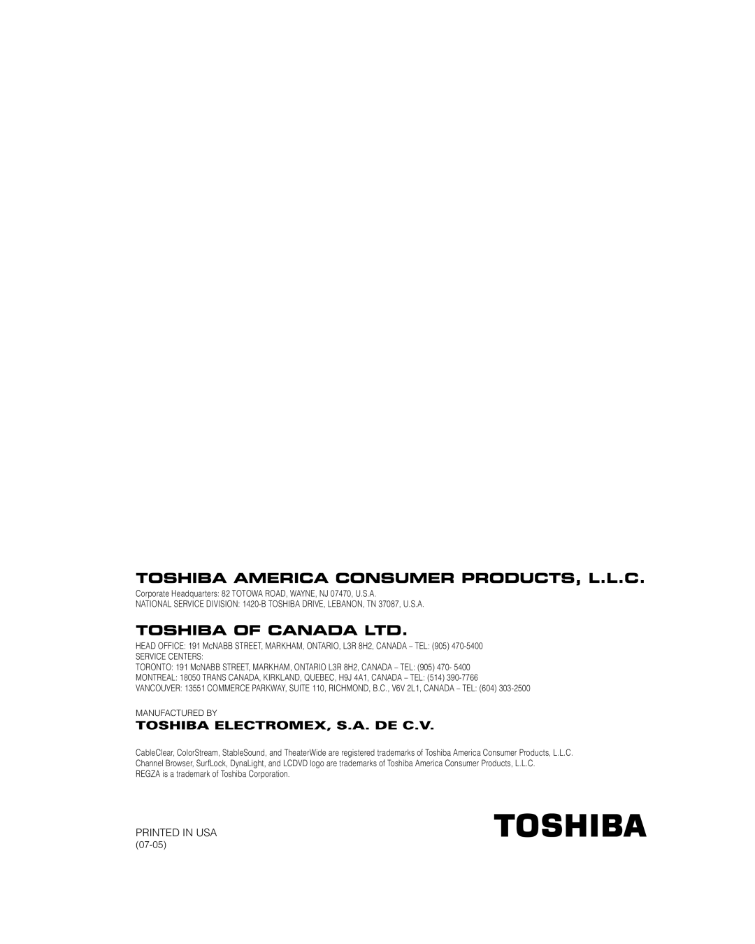 Toshiba 32LV17U, 32LV37U manual Printed In Usa 