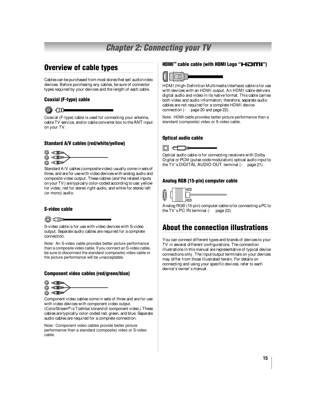 Toshiba 32LV67U, 26LV67 manual Connecting your TV, Overview of cable types, About the connection illustrations 