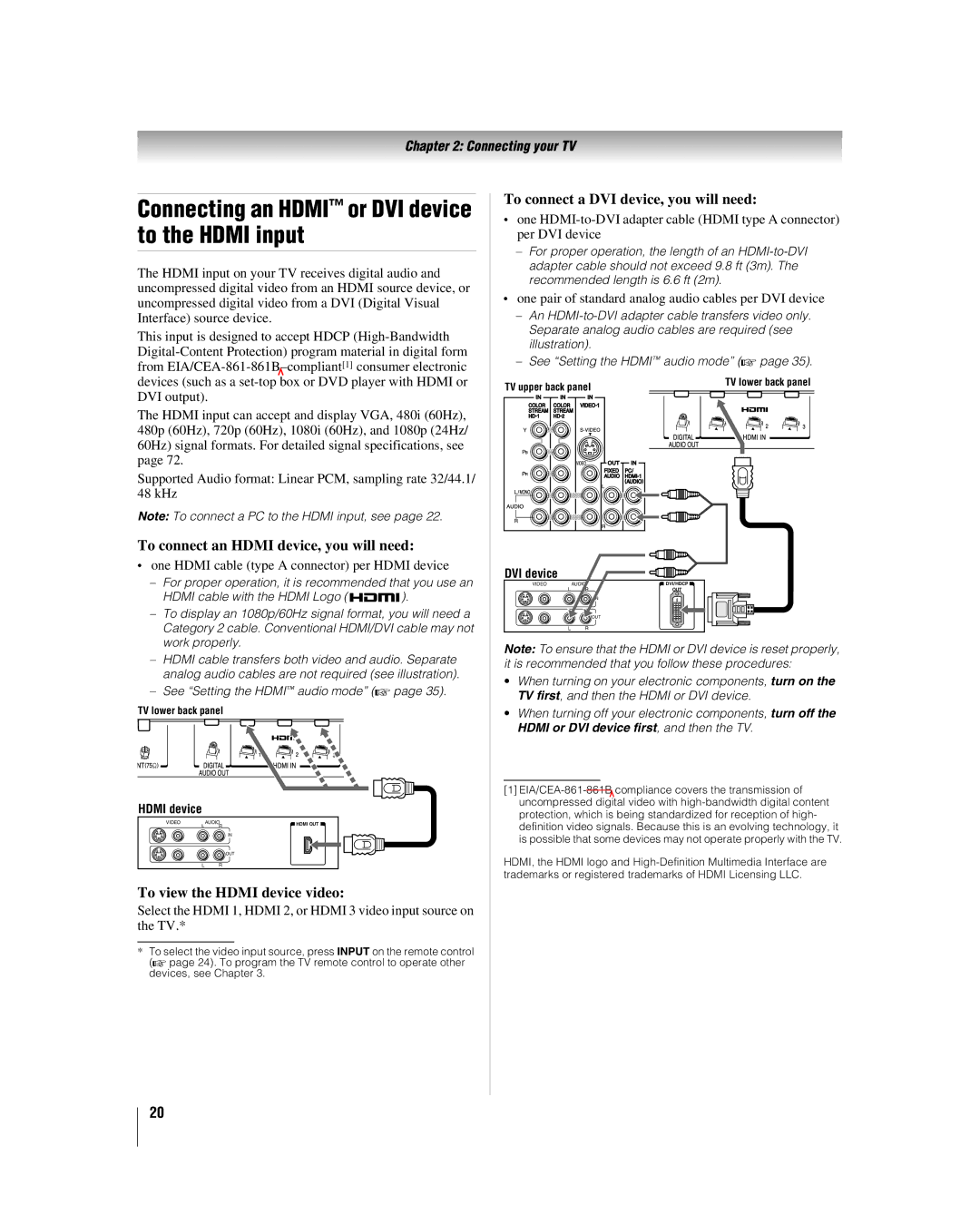 Toshiba 26LV67, 32LV67U manual Connecting an Hdmi or DVI device to the Hdmi input, To connect an Hdmi device, you will need 