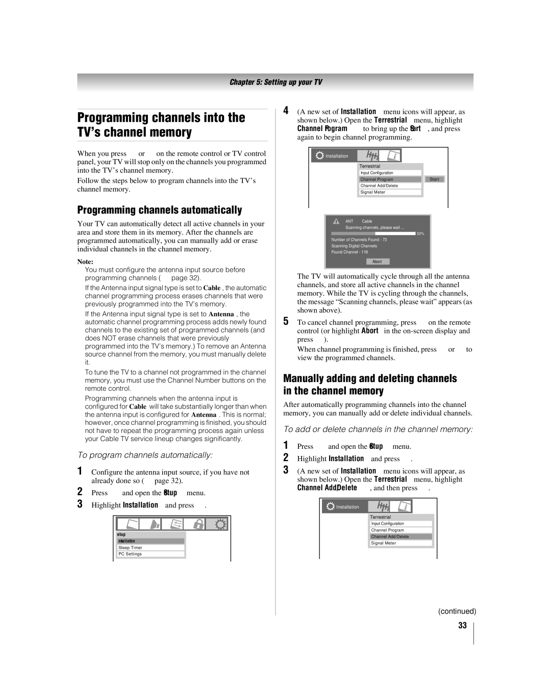 Toshiba 32LV67U, 26LV67 Programming channels automatically, Manually adding and deleting channels in the channel memory 