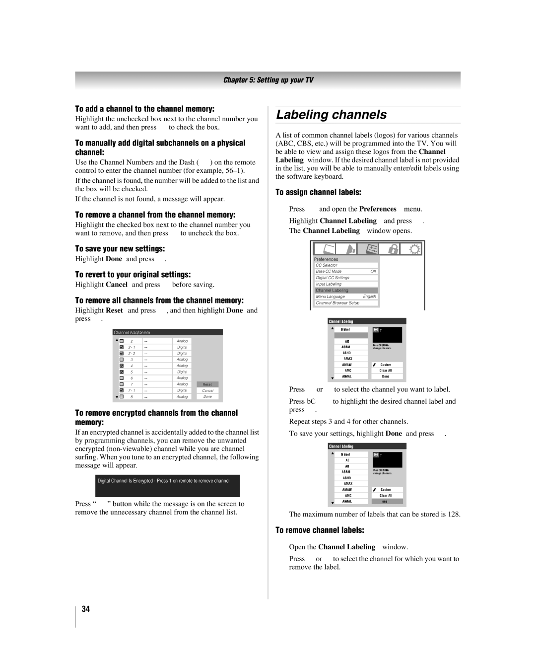 Toshiba 32LV67U, 26LV67 manual Labeling channels 