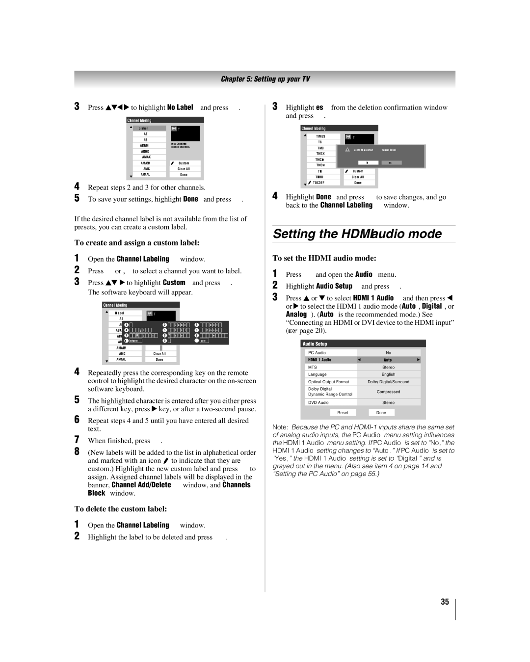 Toshiba 26LV67, 32LV67U manual Setting the Hdmi audio mode, To create and assign a custom label, To set the Hdmi audio mode 