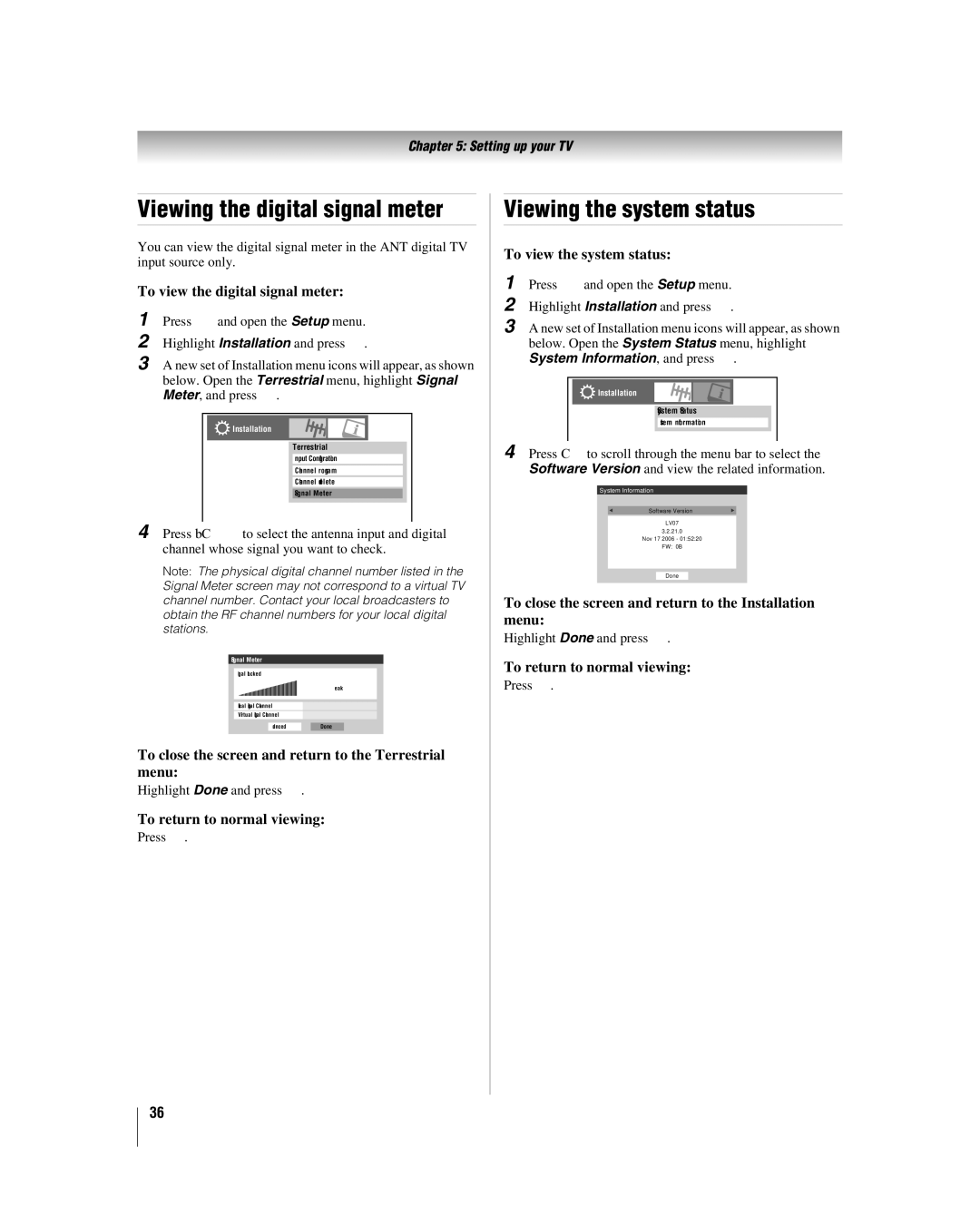 Toshiba 32LV67U, 26LV67 manual Viewing the digital signal meter, Viewing the system status 