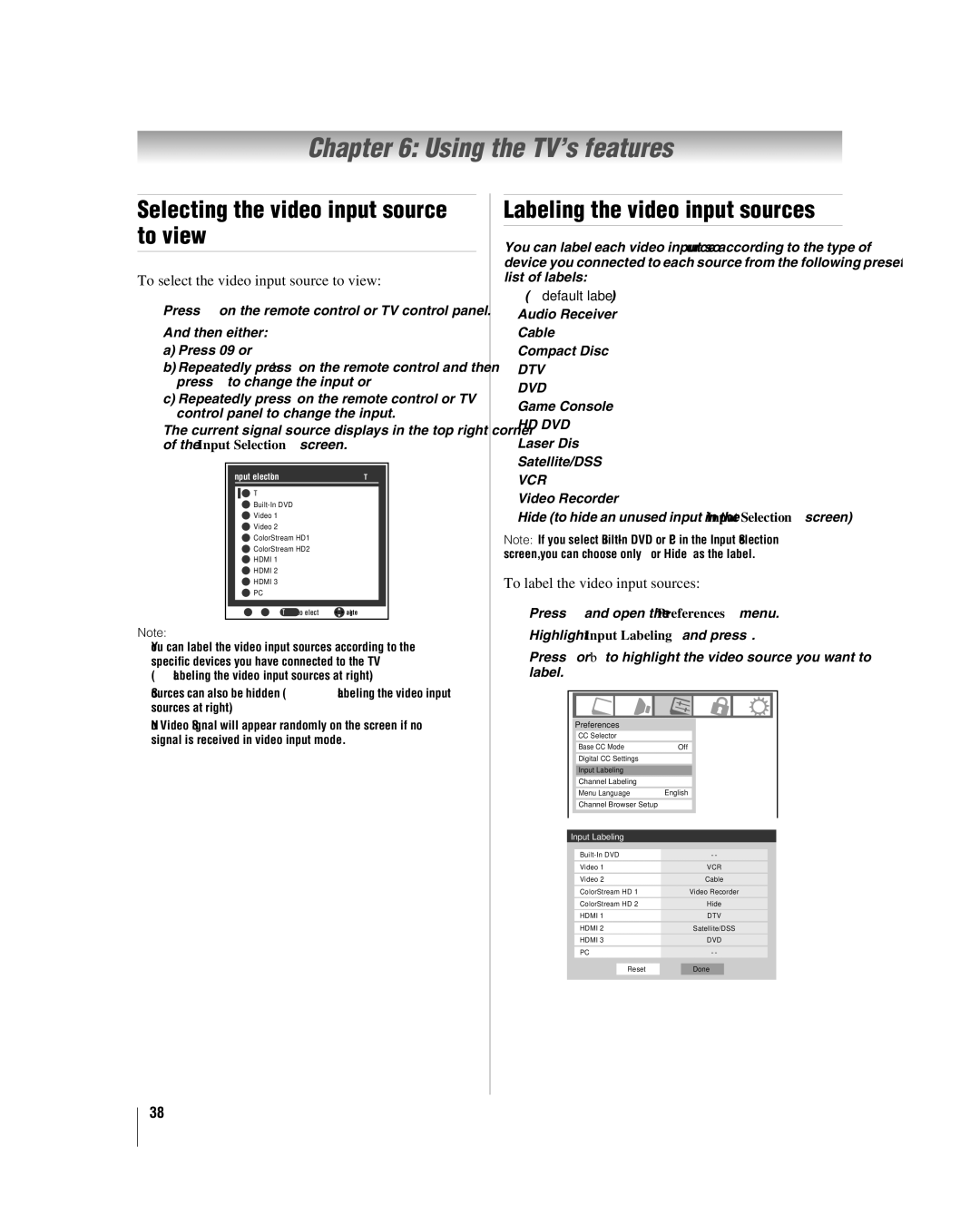 Toshiba 26LV67, 32LV67 Using the TV’s features, Selecting the video input source to view, Labeling the video input sources 