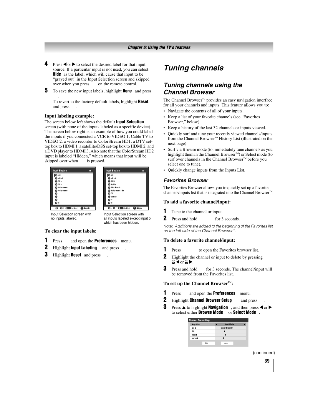 Toshiba 32LV67U, 26LV67 manual Tuning channels using Channel Browser, Favorites Browser 