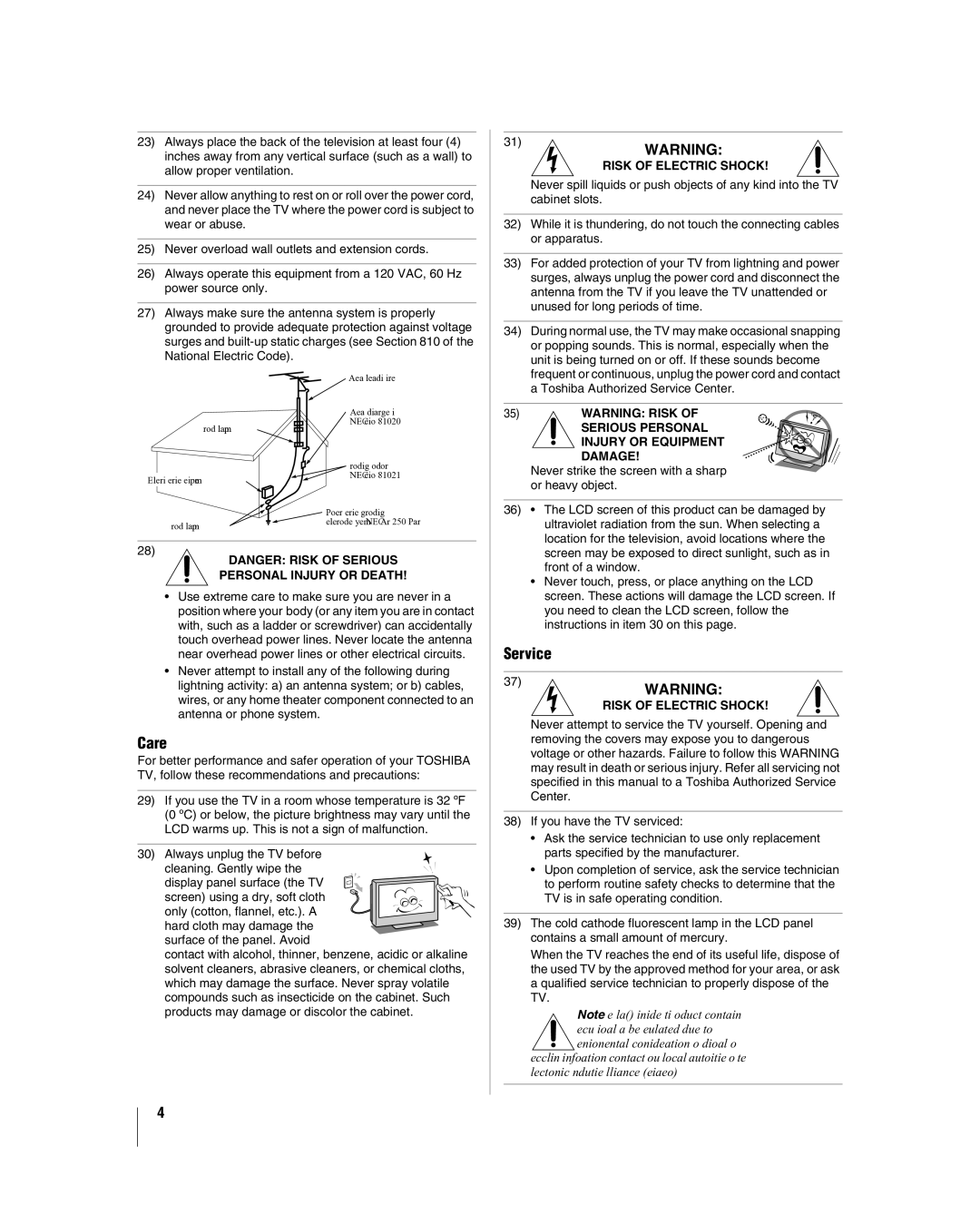 Toshiba 32LV67U, 26LV67 manual Care, Service 