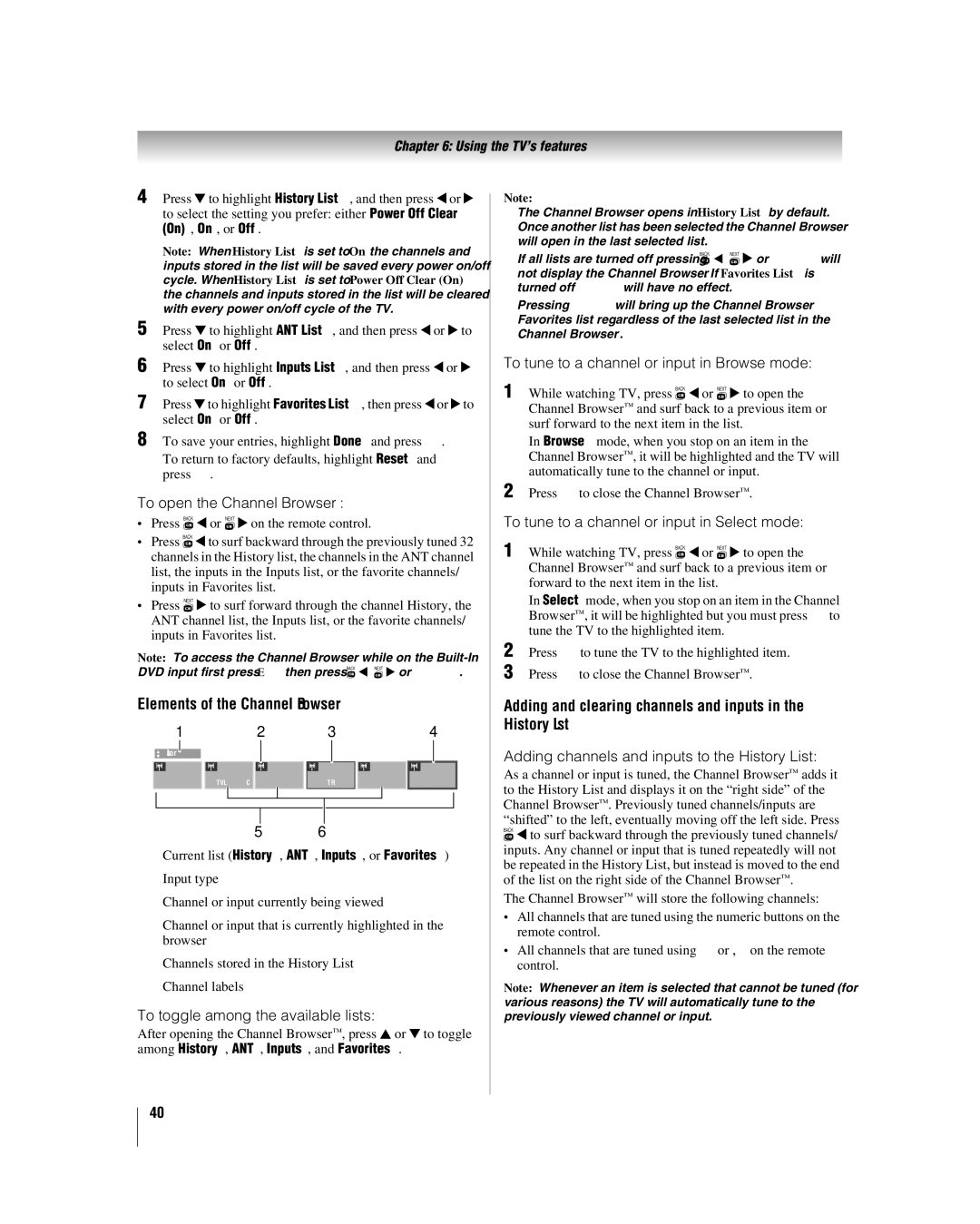 Toshiba 32LV67U, 26LV67 Elements of the Channel Browser, Adding and clearing channels and inputs in the History List 