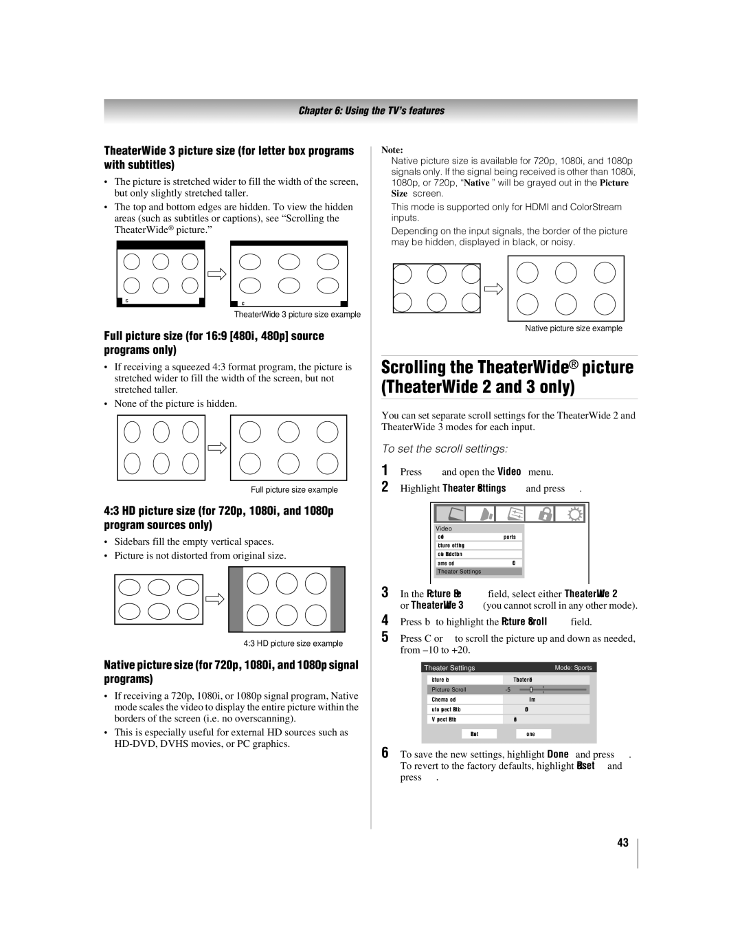 Toshiba 32LV67U, 26LV67 manual Full picture size for 169 480i, 480p source programs only, To set the scroll settings 