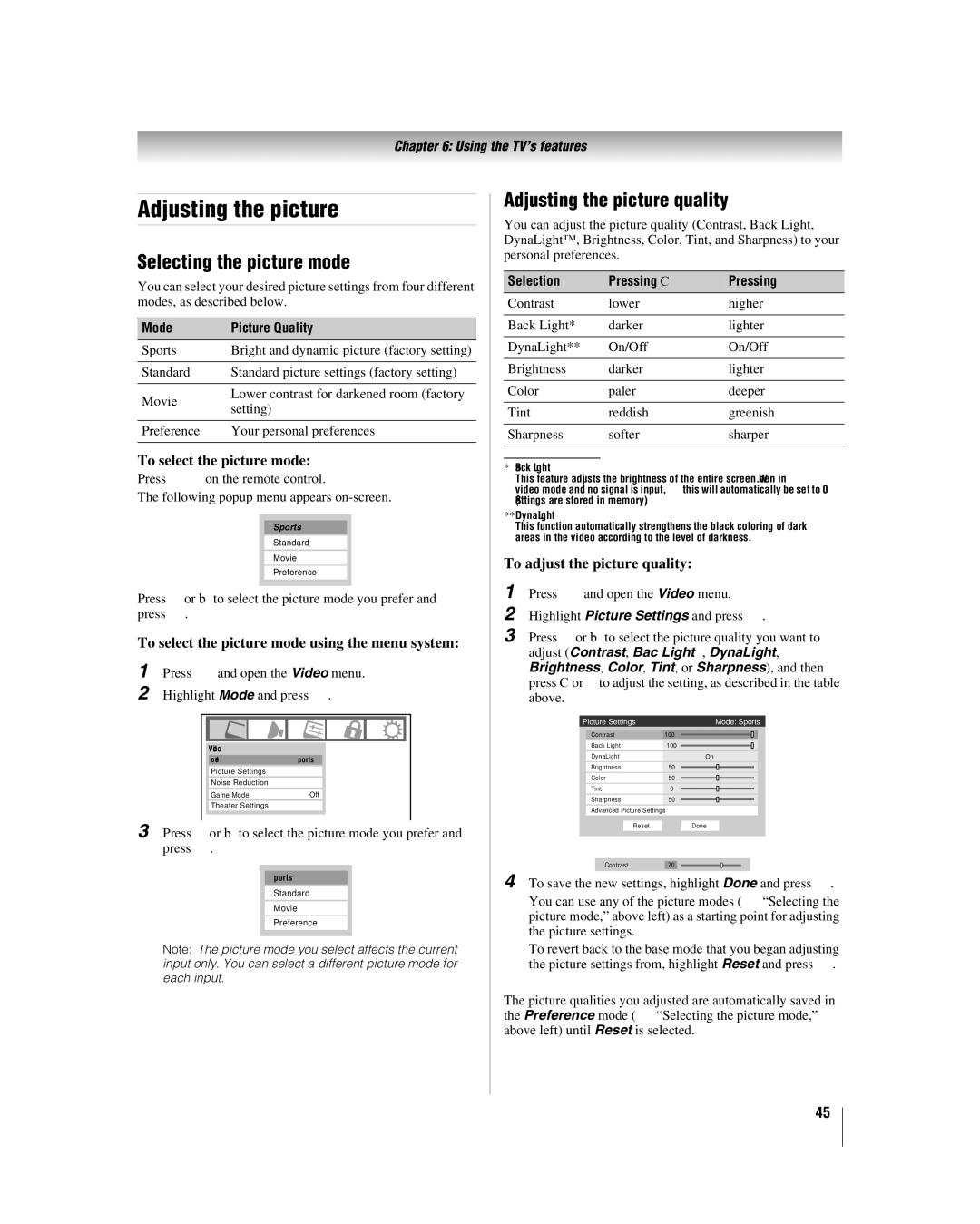 Toshiba 32LV67U, 26LV67 manual Selecting the picture mode, Adjusting the picture quality 