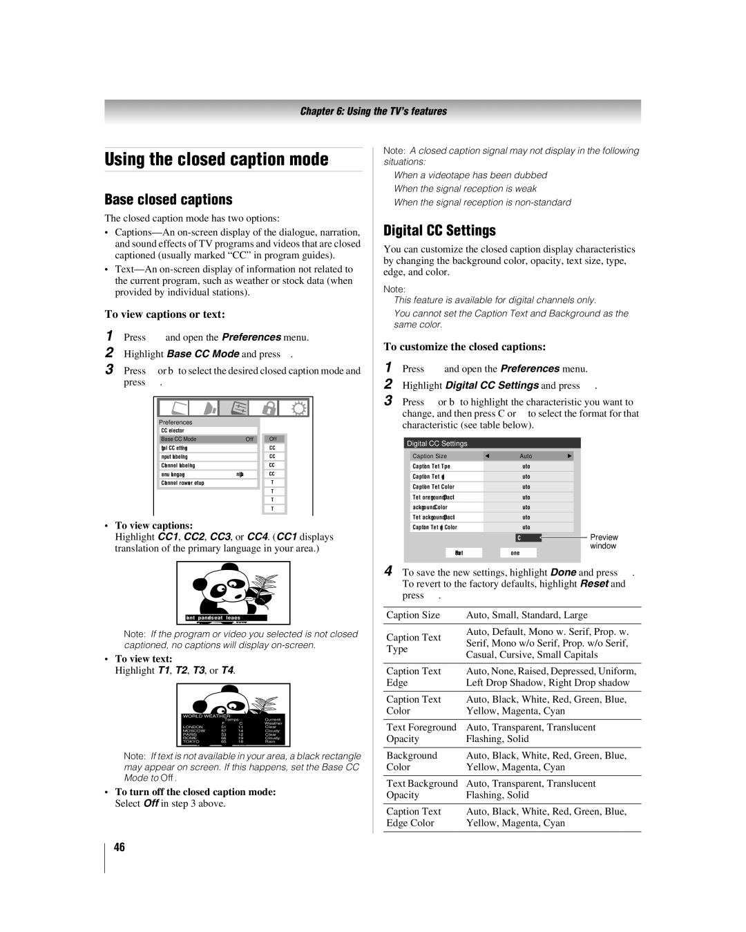 Toshiba 32LV67U Using the closed caption mode, Base closed captions, Digital CC Settings, To view captions or text 