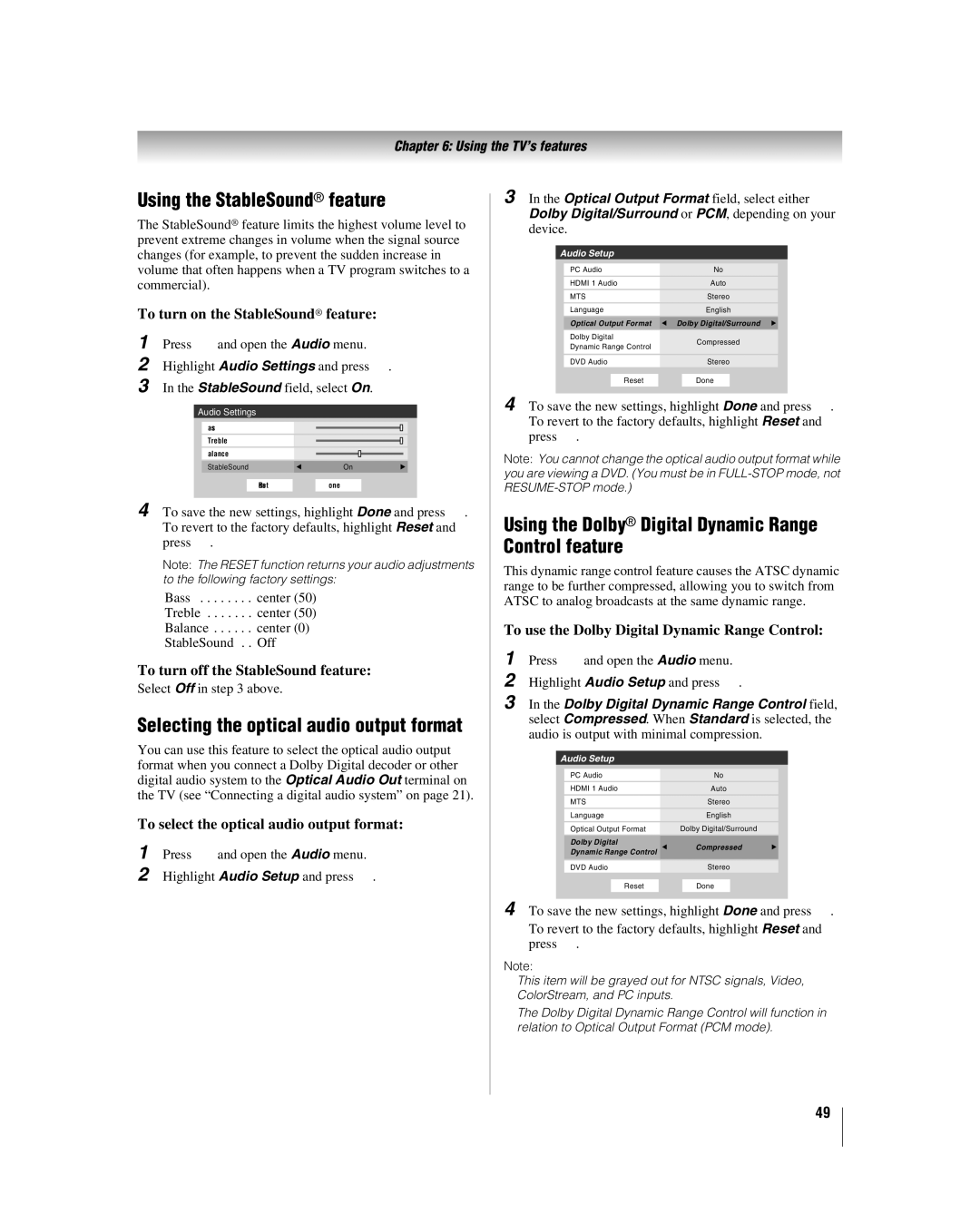 Toshiba 32LV67U, 26LV67 manual Using the StableSound feature, Using the Dolby Digital Dynamic Range Control feature 