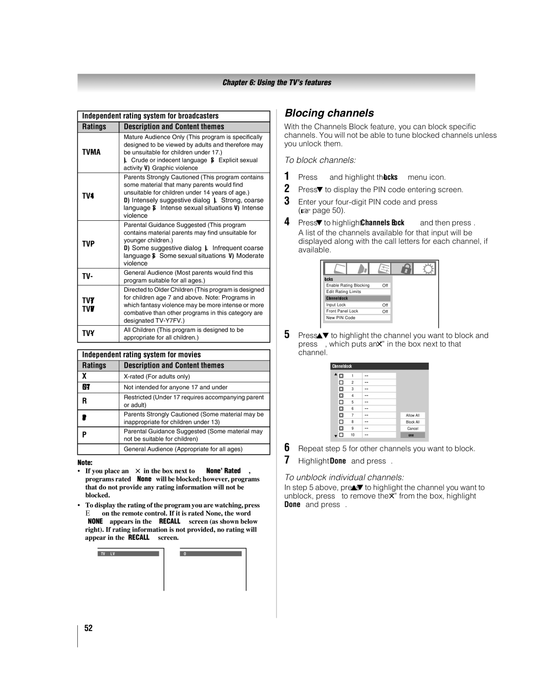 Toshiba 32LV67U, 26LV67 manual Blocking channels, To block channels, To unblock individual channels 