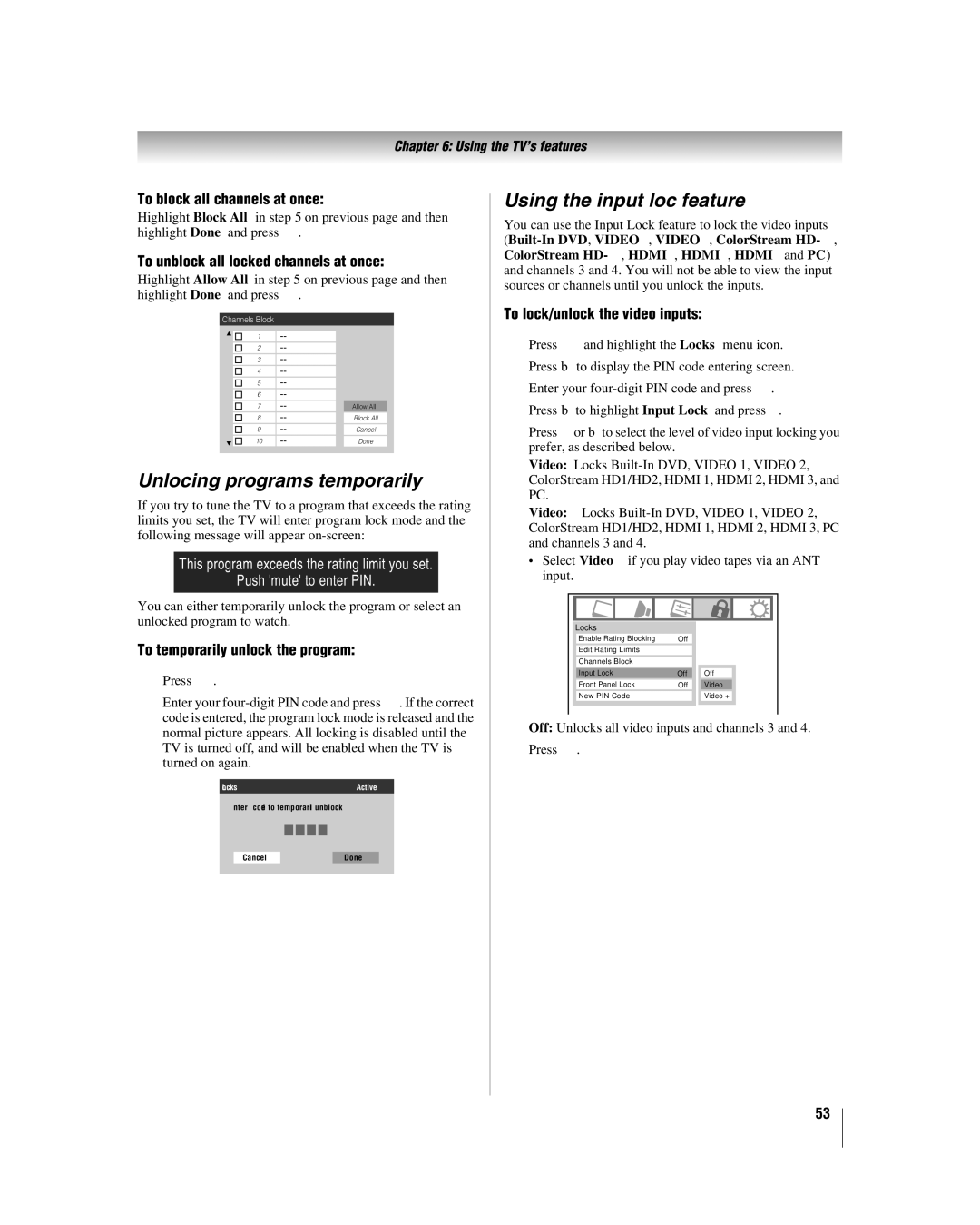 Toshiba 26LV67, 32LV67U manual Unlocking programs temporarily, Using the input lock feature 