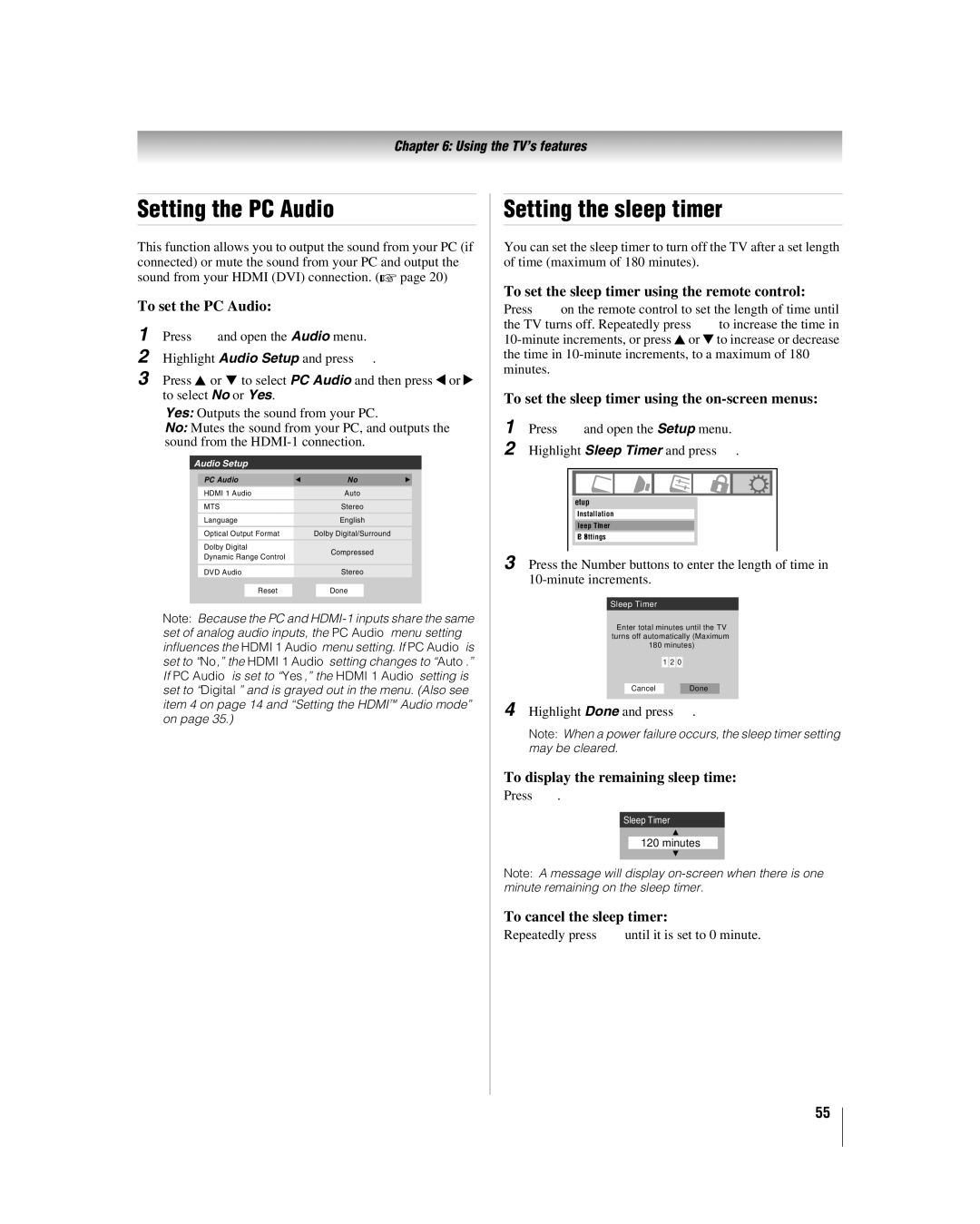 Toshiba 32LV67U, 26LV67 manual Setting the PC Audio, Setting the sleep timer 