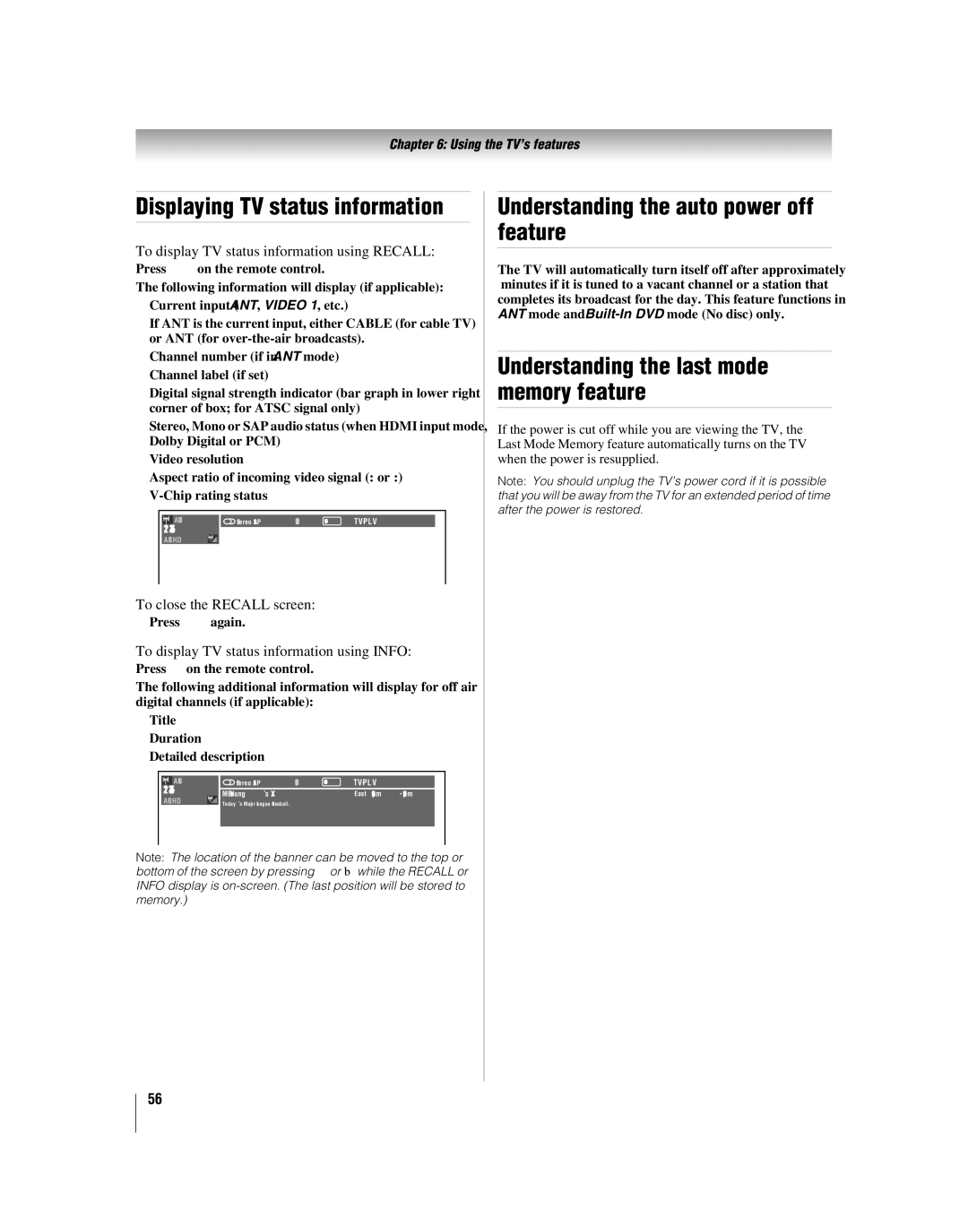 Toshiba 26LV67, 32LV67U manual Understanding the auto power off feature, Understanding the last mode memory feature 