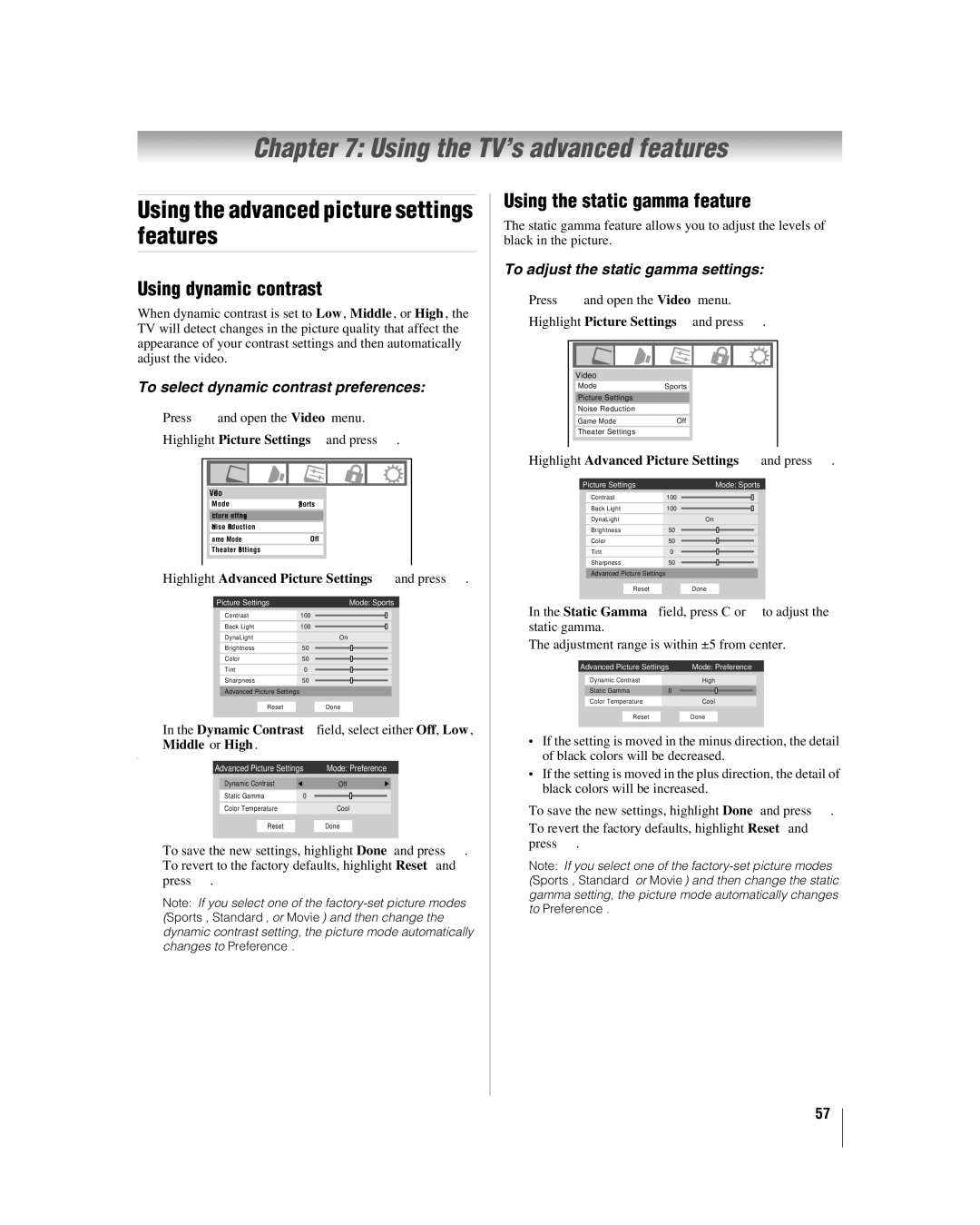 Toshiba 32LV67U Using the TV’s advanced features, Using the advanced picture settings features, Using dynamic contrast 