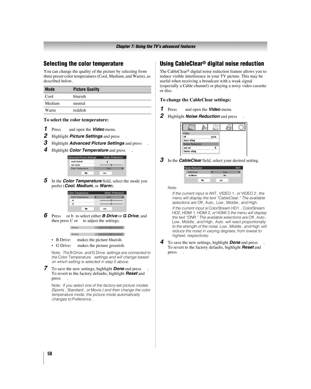 Toshiba 32LV67 Selecting the color temperature, Using CableClear digital noise reduction, To select the color temperature 