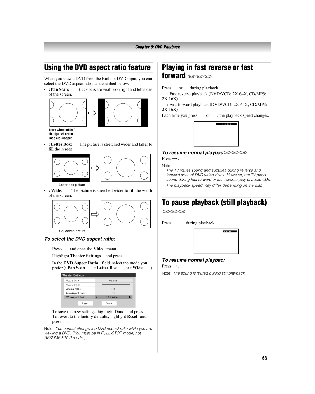 Toshiba 32LV67U, 26LV67 manual Playing in fast reverse or fast forward DVD VCD CD, To pause playback still playback 