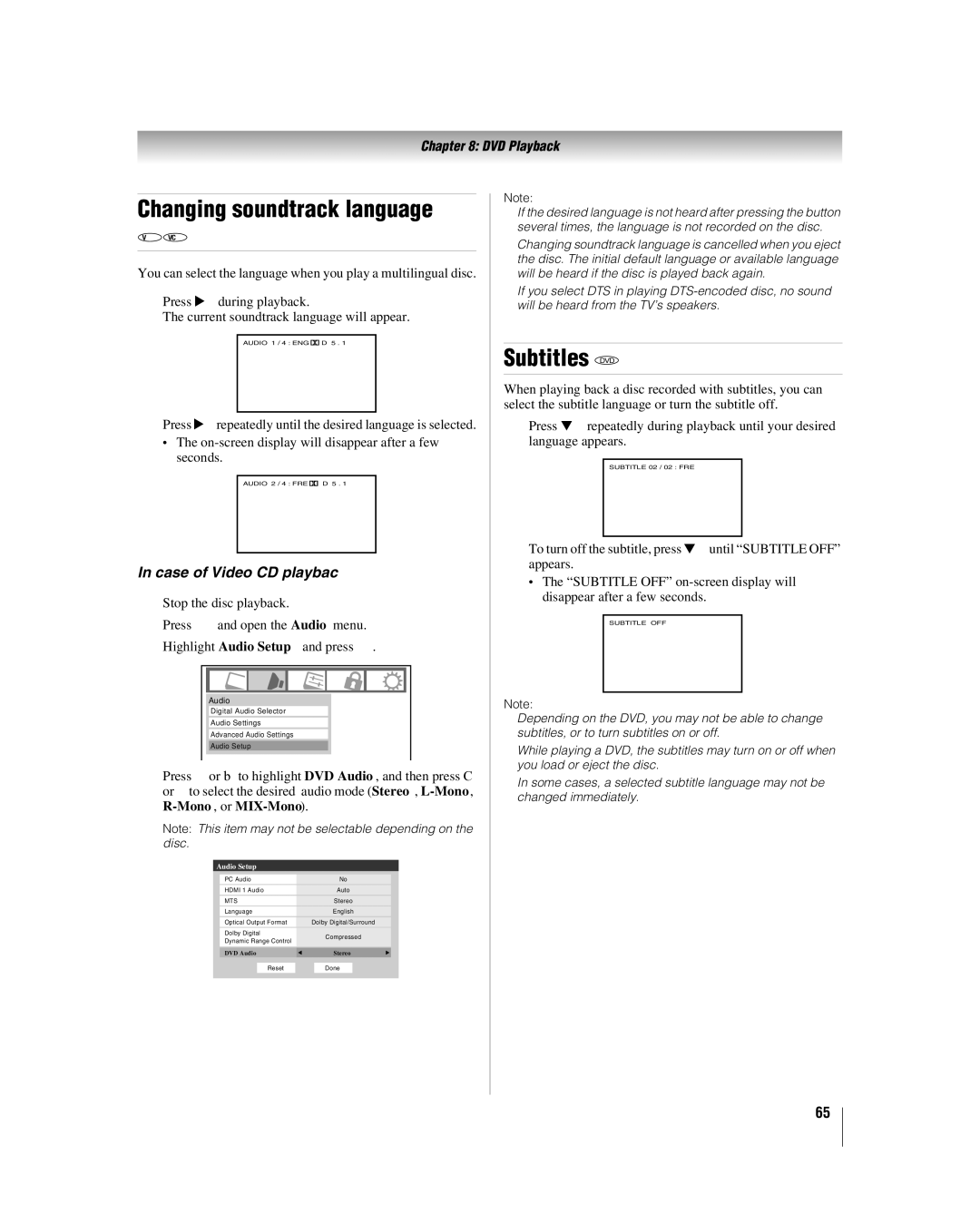 Toshiba 26LV67, 32LV67U manual Changing soundtrack language, Subtitles DVD, Case of Video CD playback 