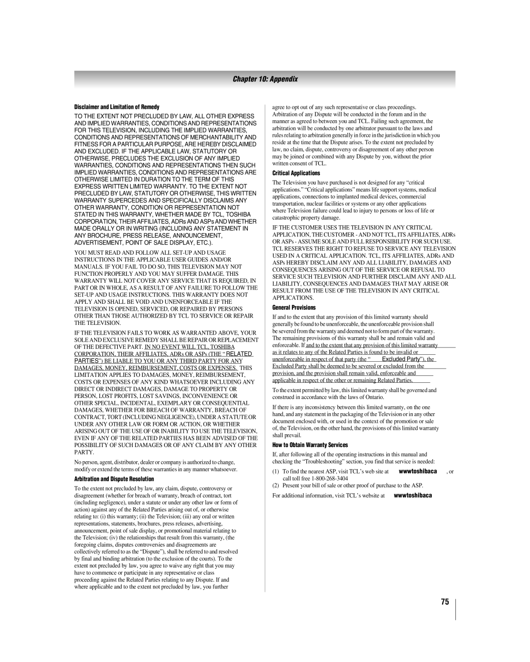 Toshiba 32LV67U, 26LV67 manual Disclaimer and Limitation of Remedy 